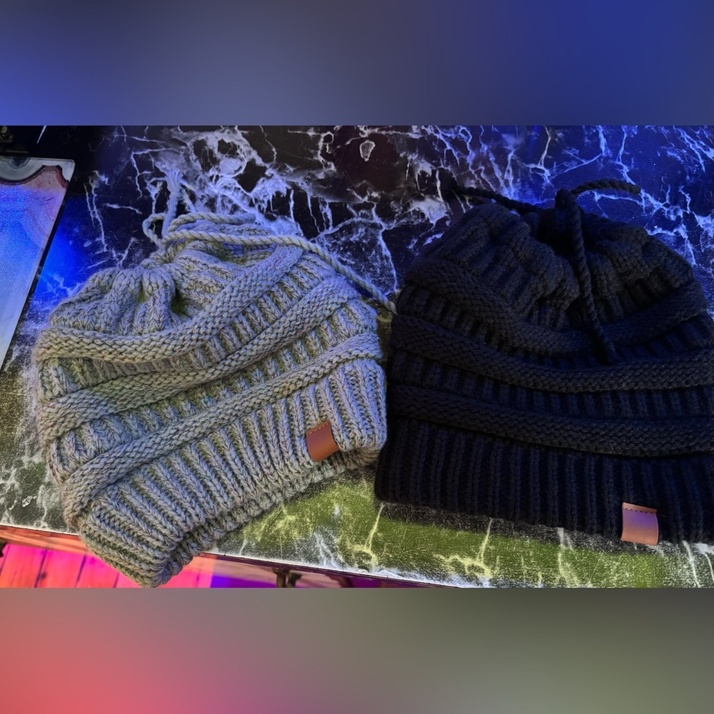 Black and gray winter hats with open top